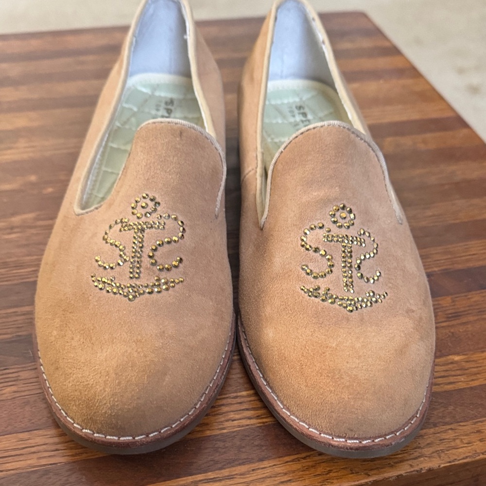 Sperry Tan Leather Loafers with Anchor Detail